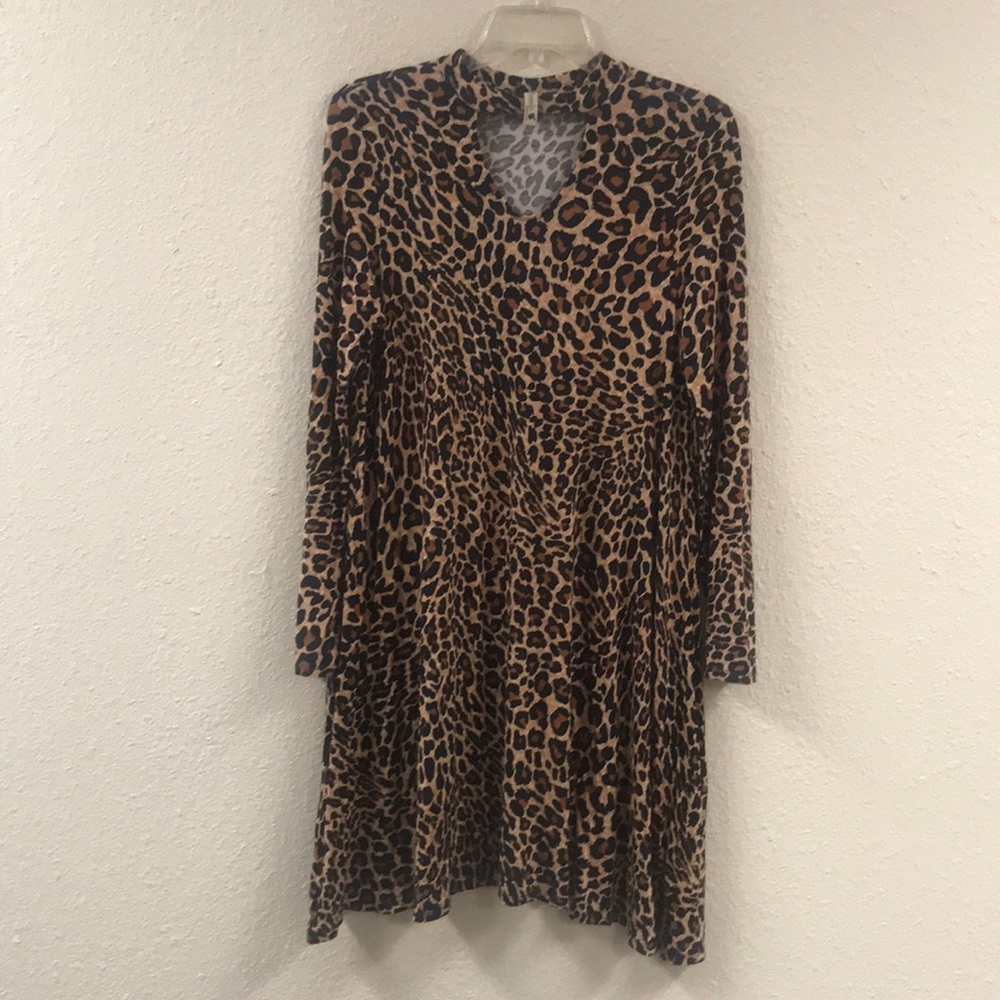 Pomelo Leopard Print Long Sleeve V Neck Dress